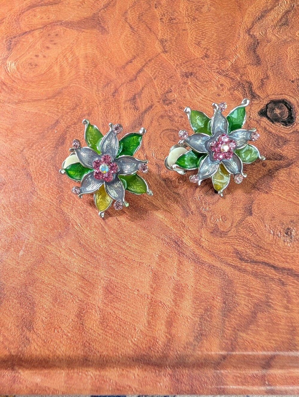 Green, pink, yellow, silver enamel and rhinestone clip earrings